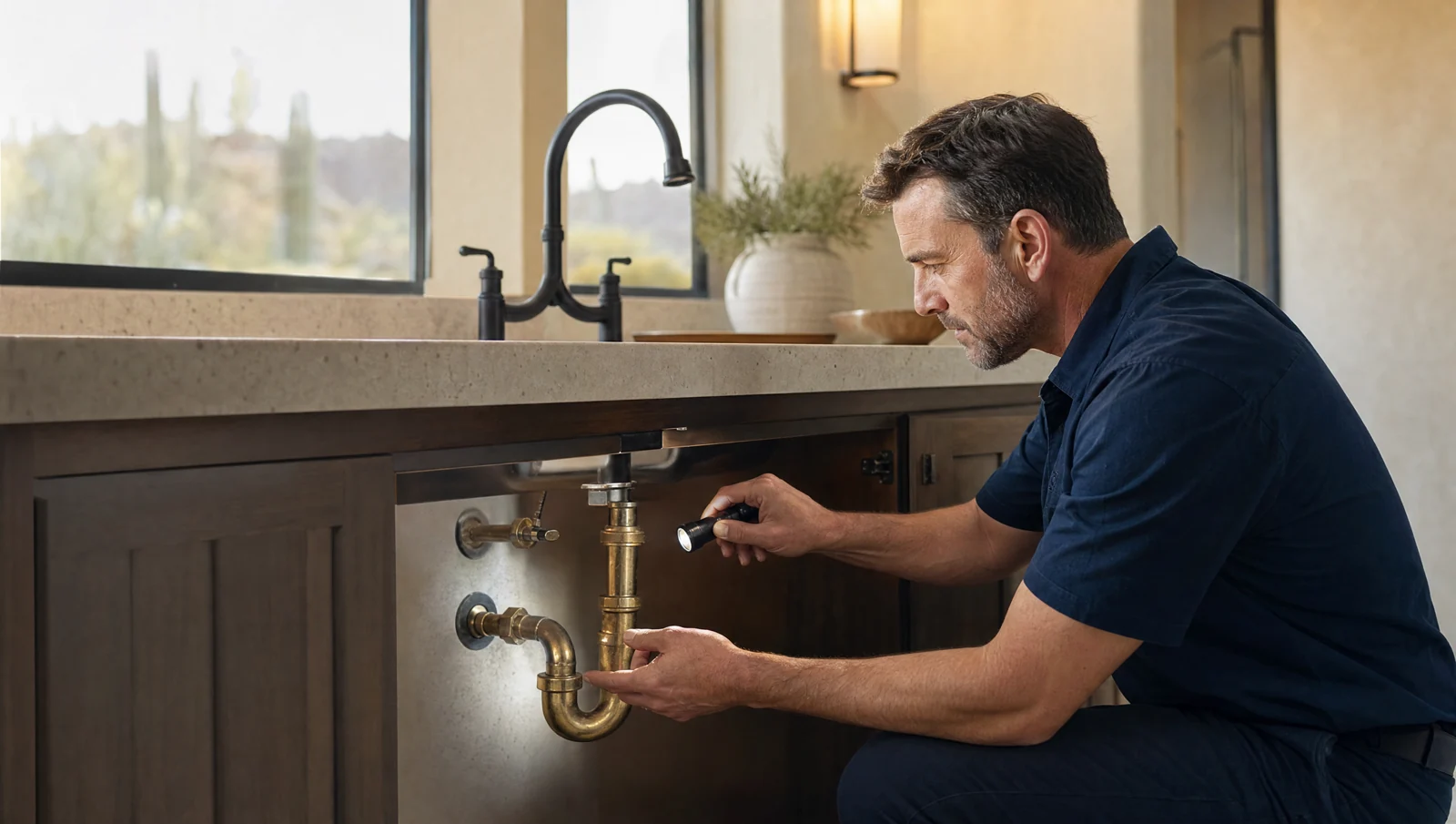 Illustrative plumber inspecting pipework beneath a sink