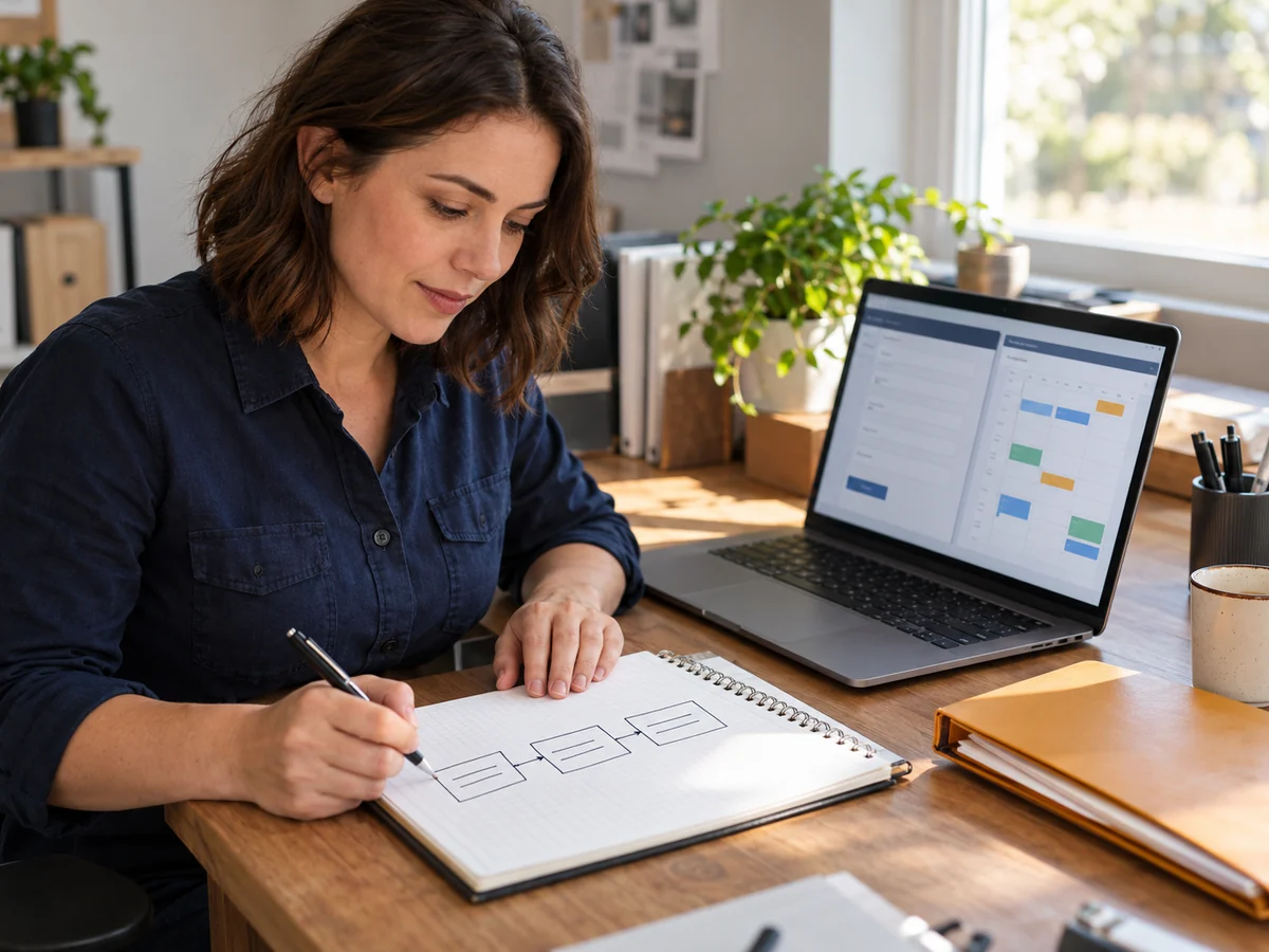Generated scene of an office coordinator mapping the steps from an inquiry to a job schedule.