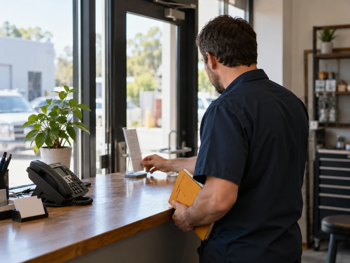 Generated scene of a shop owner checking entrance information beside a desk phone and contact cards.