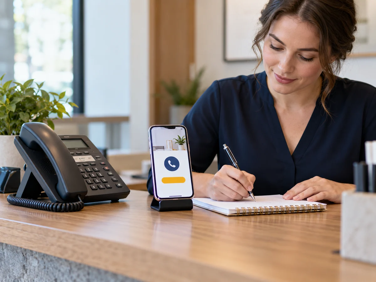 Generated scene of a receptionist beside a desk phone and a phone displaying a contact button.