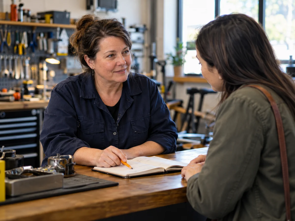 Generated scene of a shop owner discussing a customer question across a repair counter.