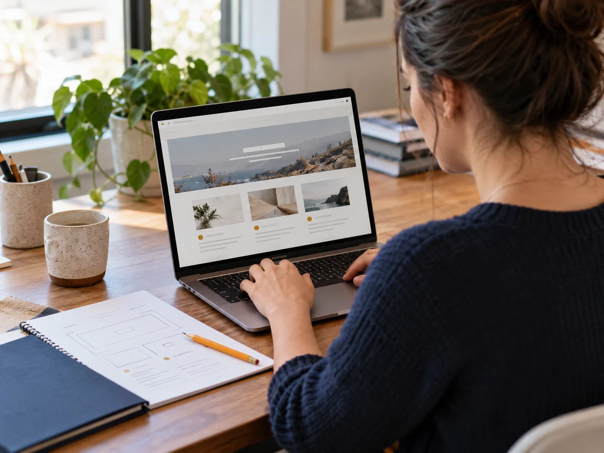 Generated scene of a web editor comparing a page outline with an organized laptop layout.