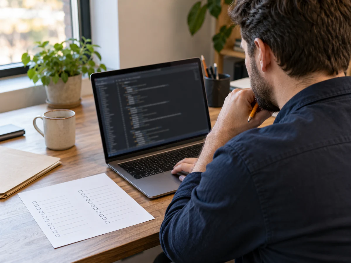 Generated scene of a specialist reviewing website configuration beside a checklist.