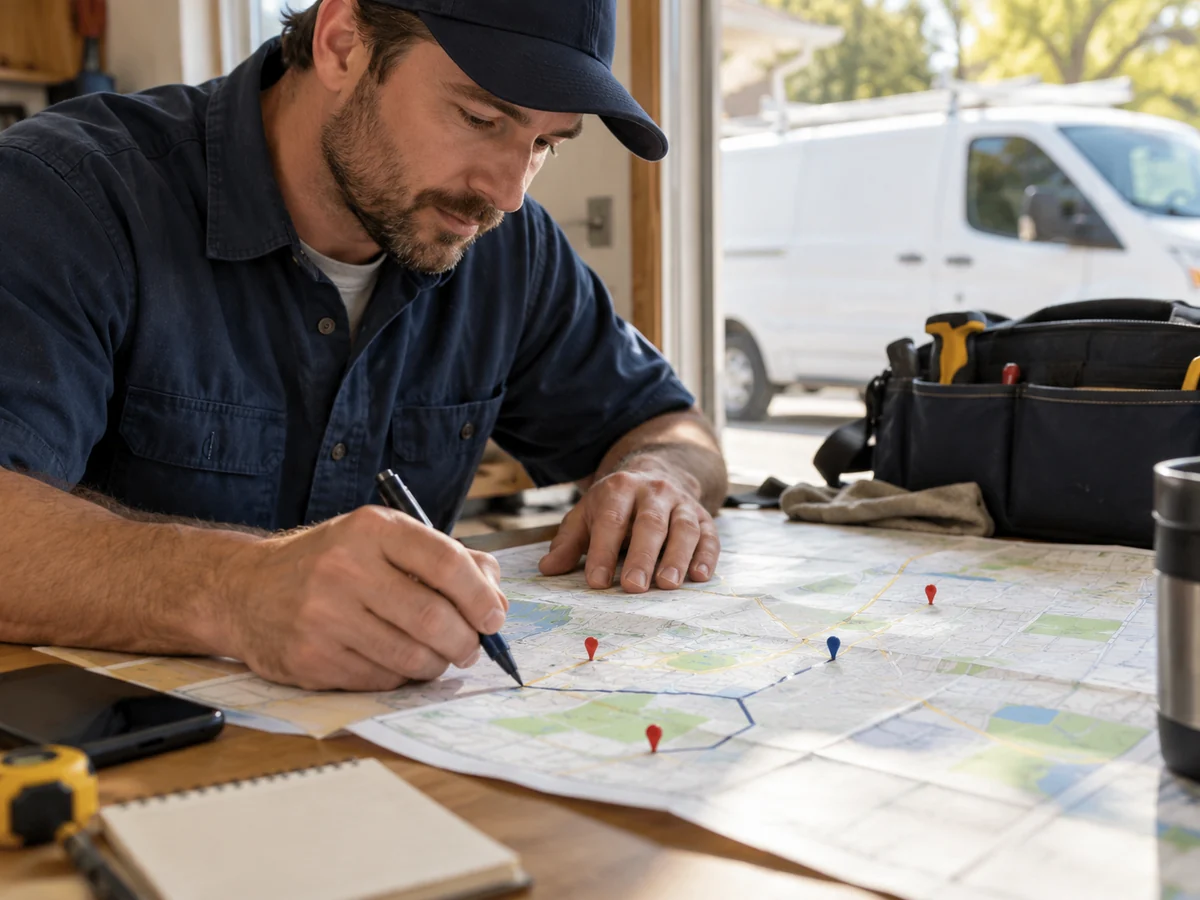 Generated scene of a service operator marking a coverage map beside a tool bag and van.