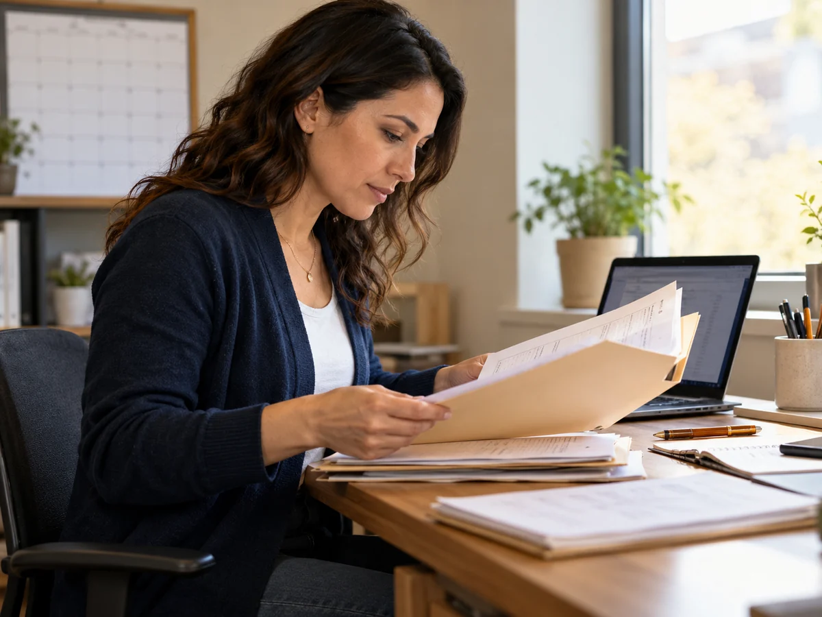 Generated scene of a business owner reviewing records beside a calendar and laptop.