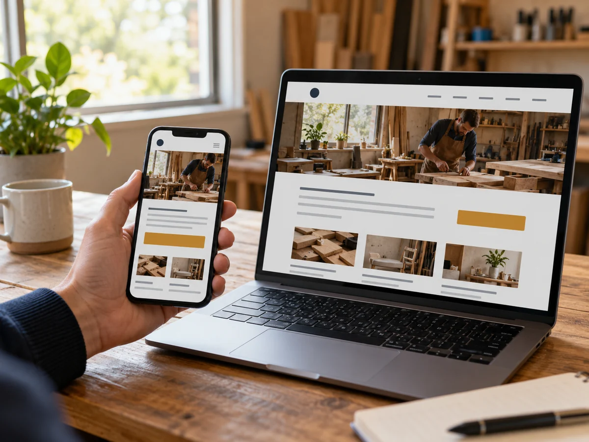 Generated scene of a business website arranged for both a phone and a laptop.